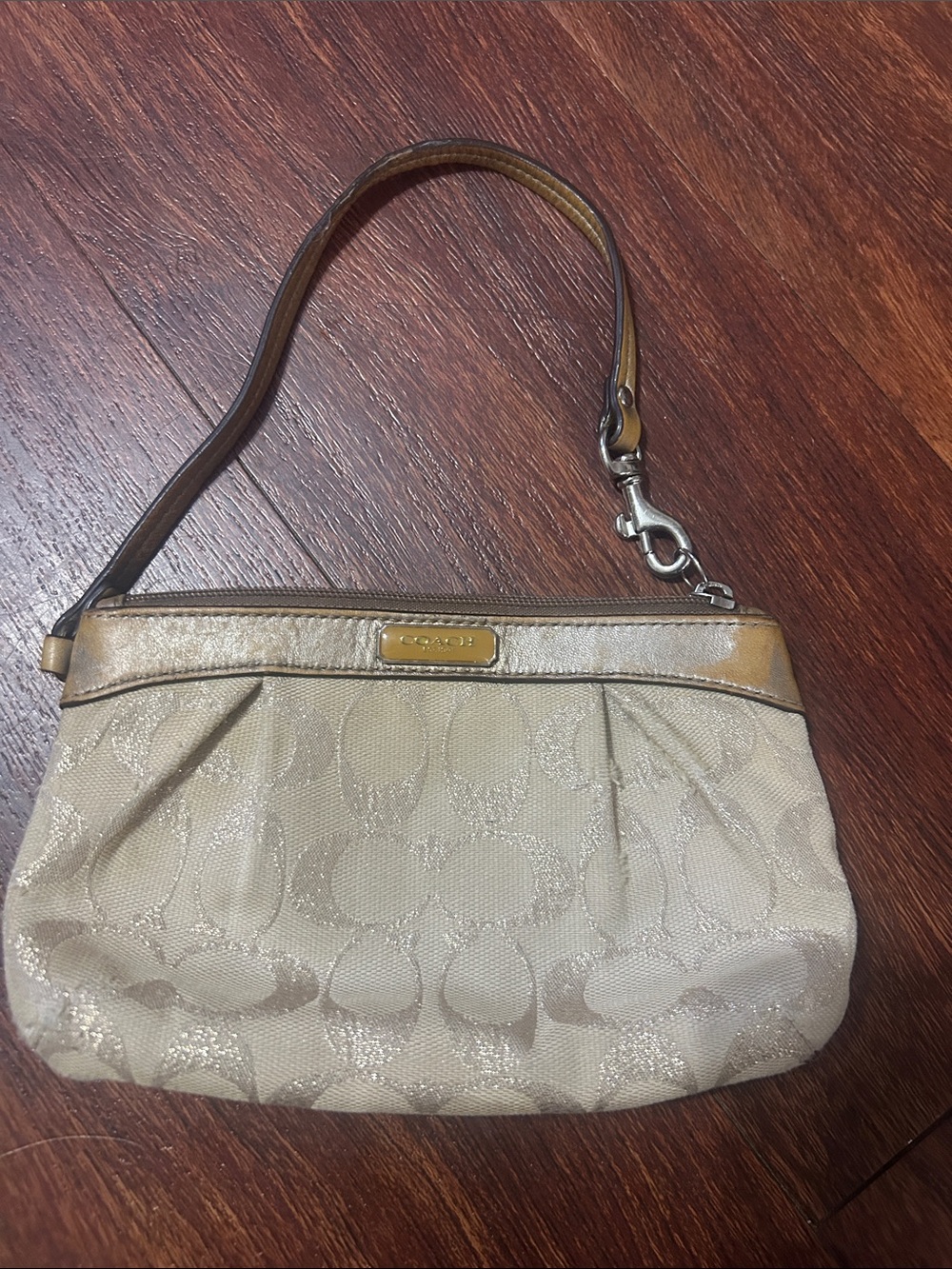 Coach Shimmer Signature Beige Wristlet with Metallic Trim